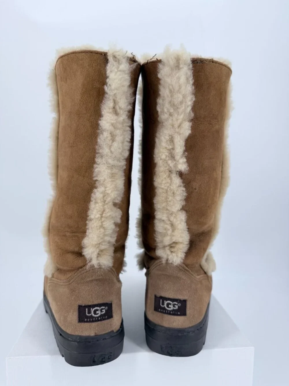 UGG Australia Sunburst II Tall Sheepskin Wool Boots Chestnut Size 8 Made in New